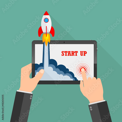 The spacecraft crashes outside tablet screen. Vector illustration. Concept of business start-up.