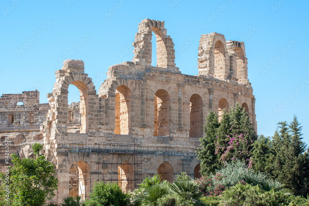 Walls of the old Colosseum in Tunis, El Jem