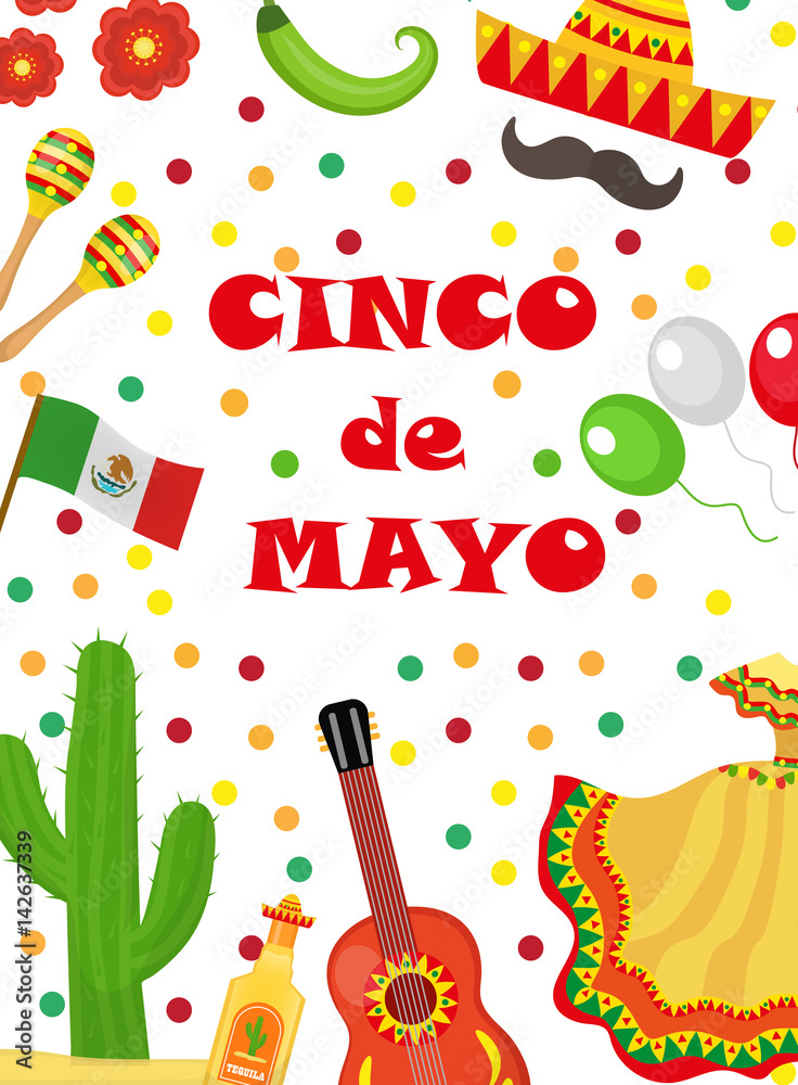 Naklejka premium Cinco de Mayo greeting card, template for flyer, poster, invitation. Mexican celebration with traditional symbols. Vector illustration