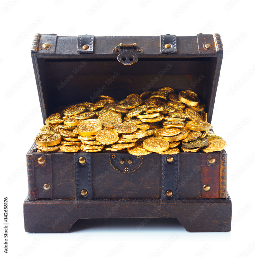 Open treasure chest with gold coins isolated on white Stock Photo