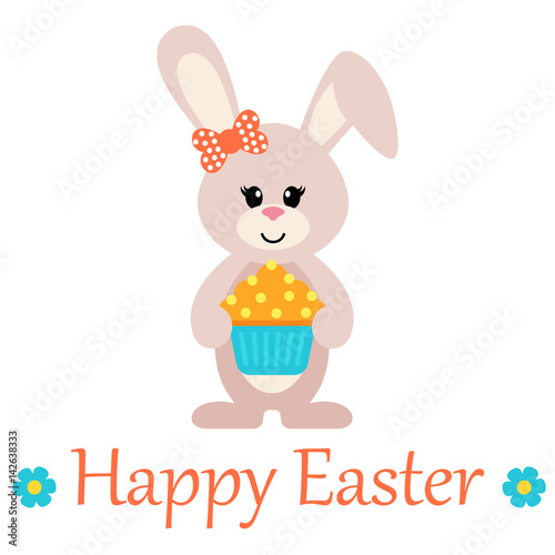 easter cartoon bunny girl with a cake and text
