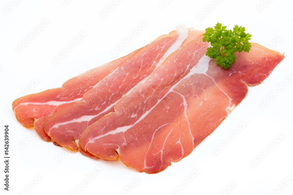 Pork ham slices isolated on white background. Pork ham slices isolated on white background.
