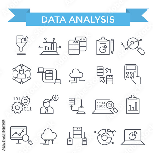 Data analysis icons, thin line, flat design