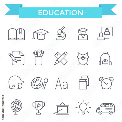 Education icons, thin line, flat design