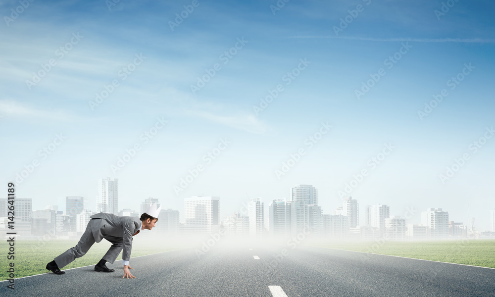 King businessman in elegant suit running and business center at background King businessman in elegant suit running and business center at background