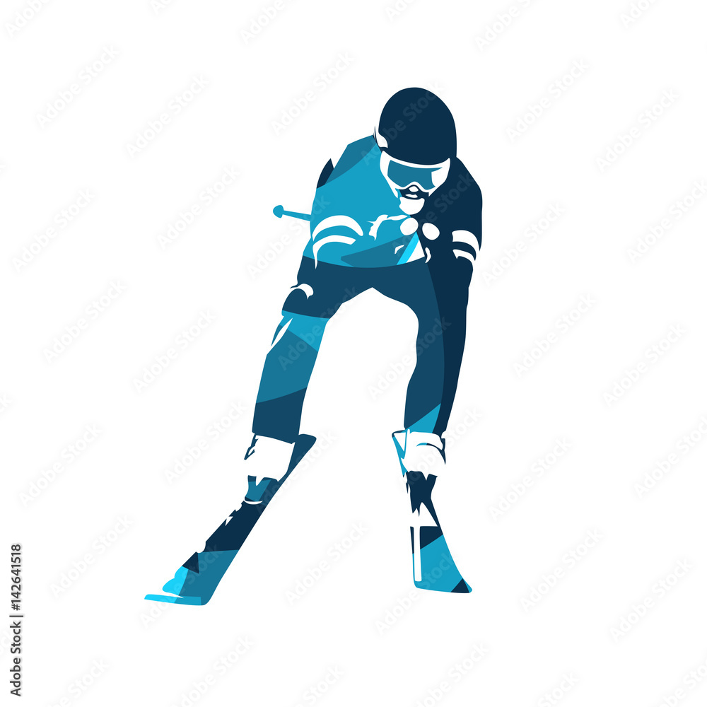 Fototapeta premium Downhill skier, abstract blue vector silhouette. Front view