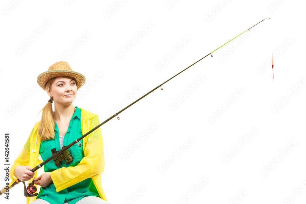 Woman with fishing rod , spinning equipment Woman with fishing rod , spinning equipment