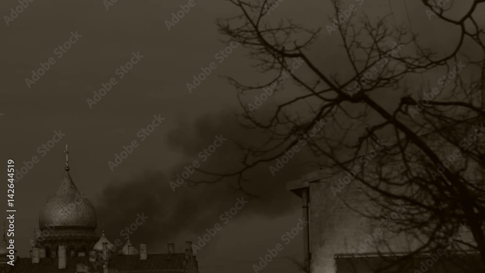Burning church. Lot of smoke. Sepia