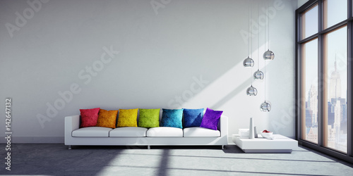 Sofa mit bunten Kissen im Loft 3D Rendering photo