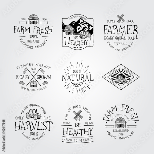 SET OF BADGE FOR FARMERS MARKET, FARM FRESH AND NATURAL FOOD LOCAL GROWN. Handmade the barn, tractor, mill retro style. Design fashion badge for print. Graphic vintage vector label logo tag template.