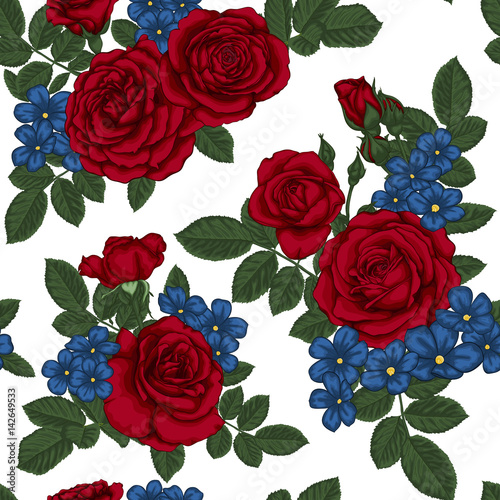 beautiful vintage seamless pattern with bouquets of red roses and leaves.