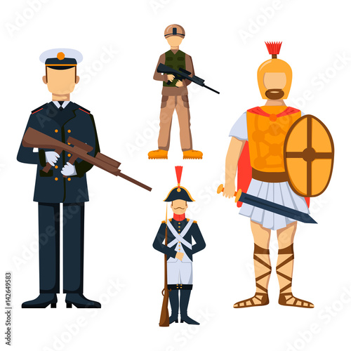 Military soldier character weapon symbols armor man silhouette forces design and american fighter ammunition navy camouflage sign vector illustration.