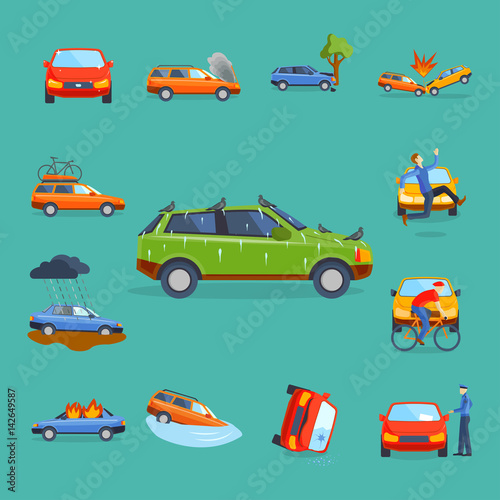 Car crash collision traffic insurance safety automobile emergency disaster and emergency disaster speed repair transport vector illustration.