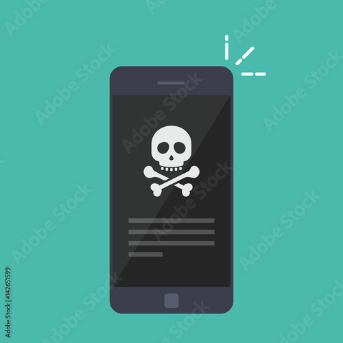 Broken smartphone. Malware notification on smartphone. Reporting a virus, malicious application, spam or hacking a mobile phone. Internet connection error, security risk. Flat vector illustration.