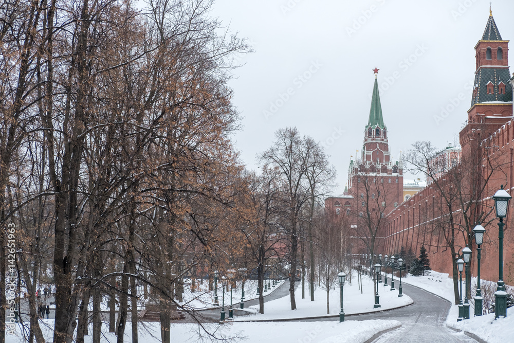 Alexandrovsky Garden, Moscow Kremlin, Russia. In winter.