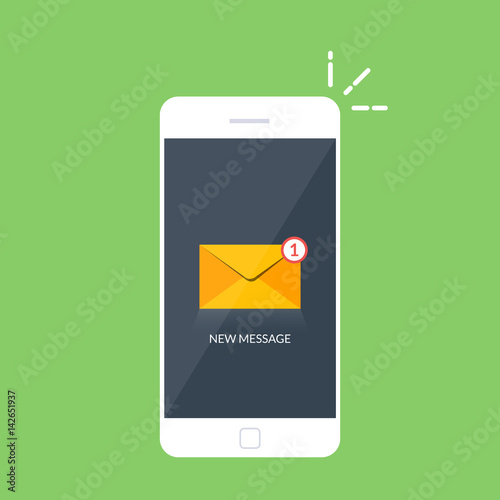 Notification of an incoming email letter to a mobile phone. E-mailing, spam, e-commerce. Vibration smartphone. Vector illustration isolated on color background. Flat style.