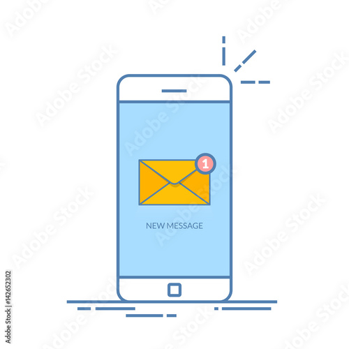 Notification of an incoming email letter to a mobile phone. E-mailing, spam, e-commerce. Vibration smartphone. Thin line vector illustration isolated on color background. Flat style.
