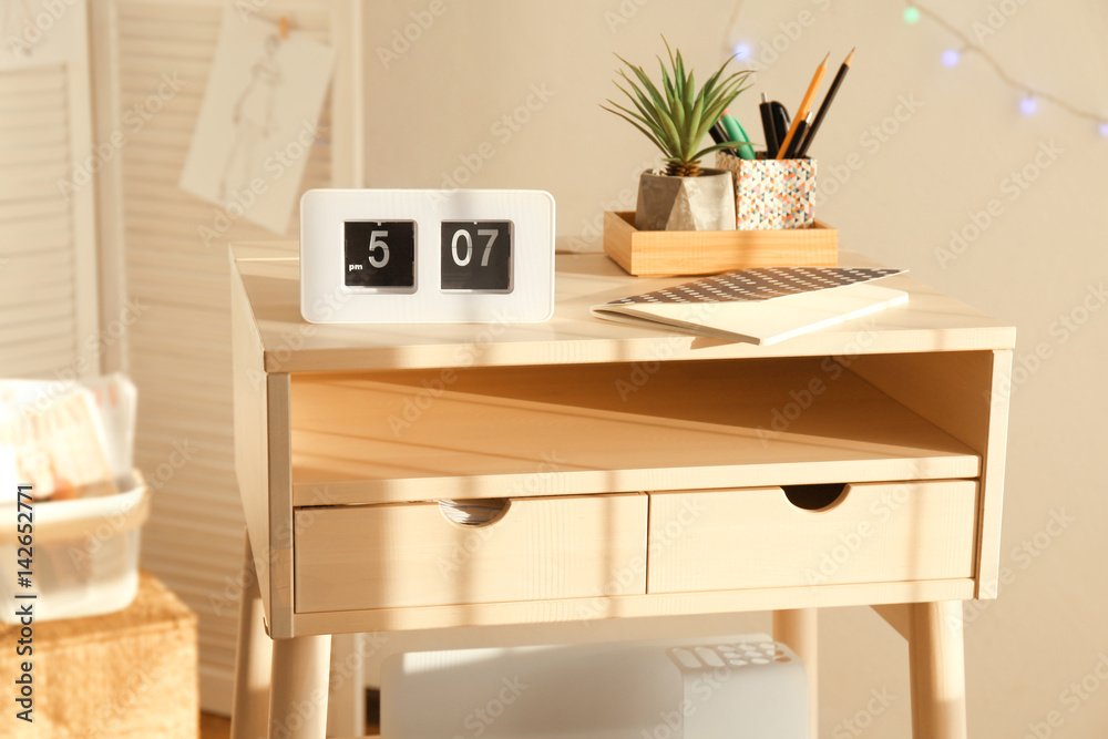 Fototapeta premium High wooden table as stand up work place in modern interior