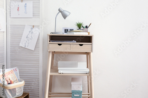 High wooden table as stand ...
