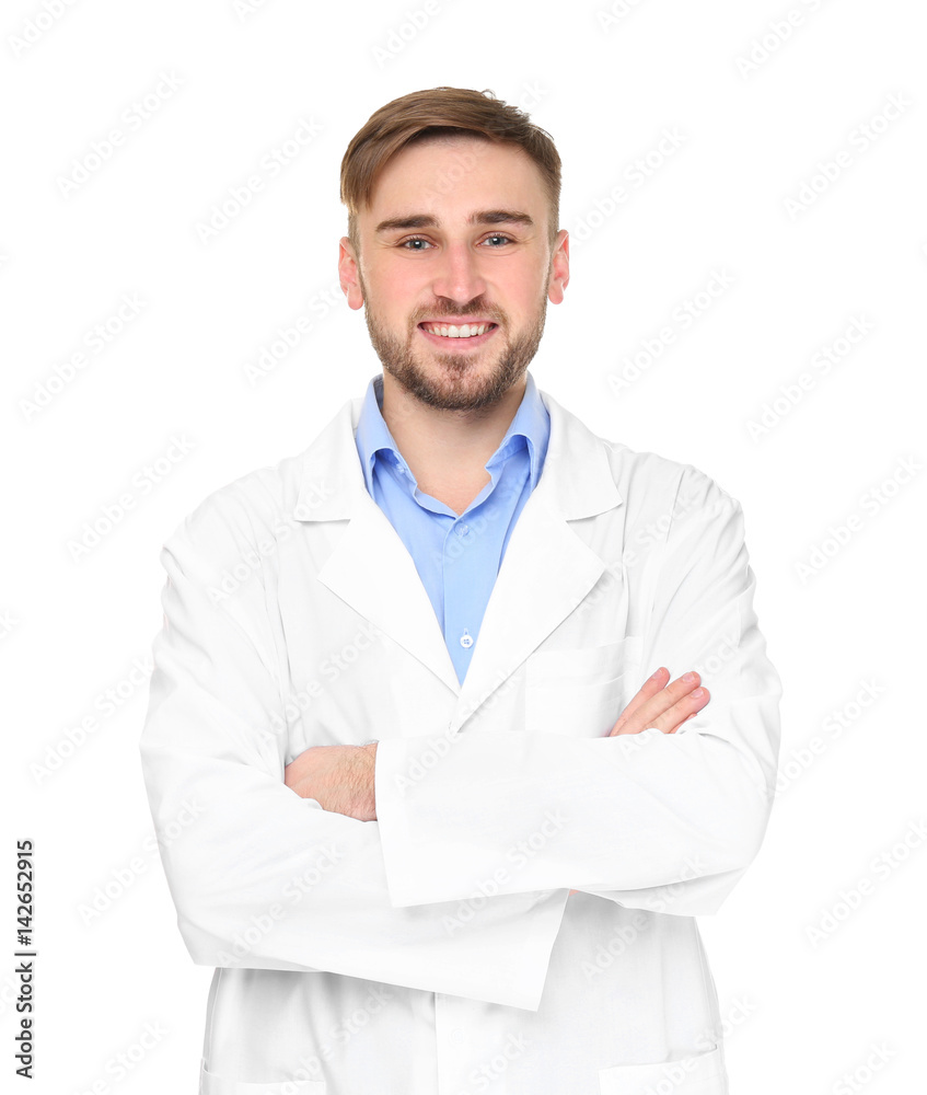 Handsome doctor with crossed hands on white background Handsome doctor with crossed hands on white background