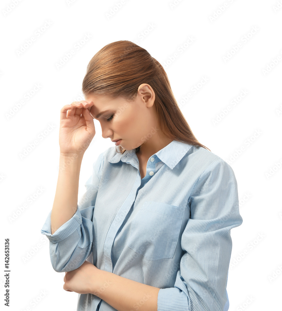 Beautiful young woman suffering from headache on white background Beautiful young woman suffering from headache on white background