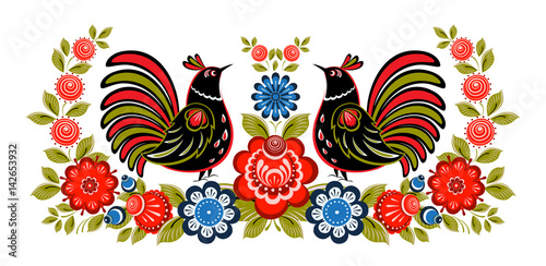 Traditional  flowers, berry and birds  ornament