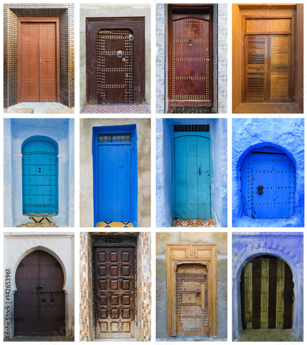 Collage of brown and blue doors in Morocco