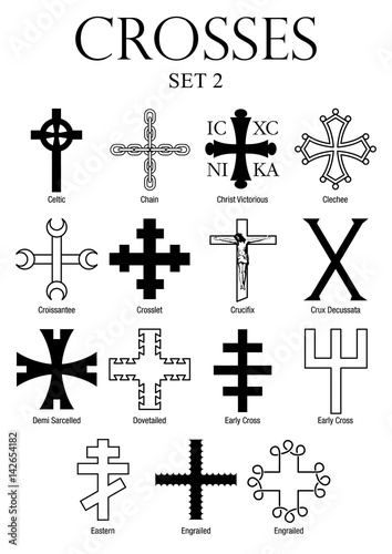 Set of crosses with names on white background. Size A4 - Vector image