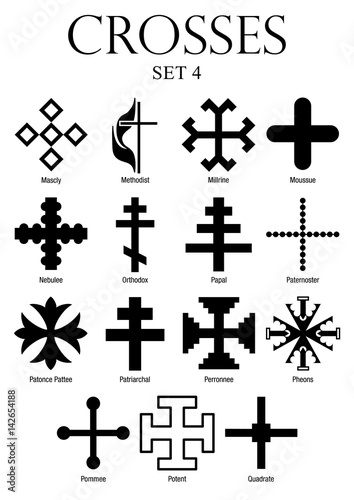 Set of crosses with names on white background. Size A4 - Vector image photo