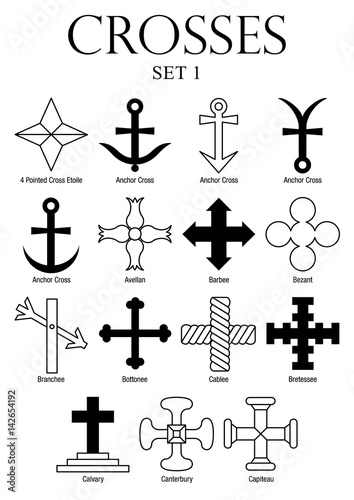 Set of crosses with names on white background. Size A4 - Vector image