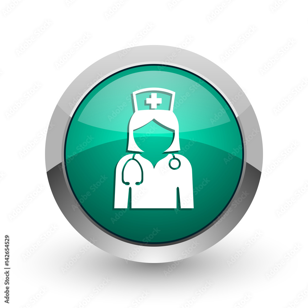 Nurse silver metallic chrome web design green round internet icon with shadow on white background. Nurse silver metallic chrome web design green round internet icon with shadow on white background.