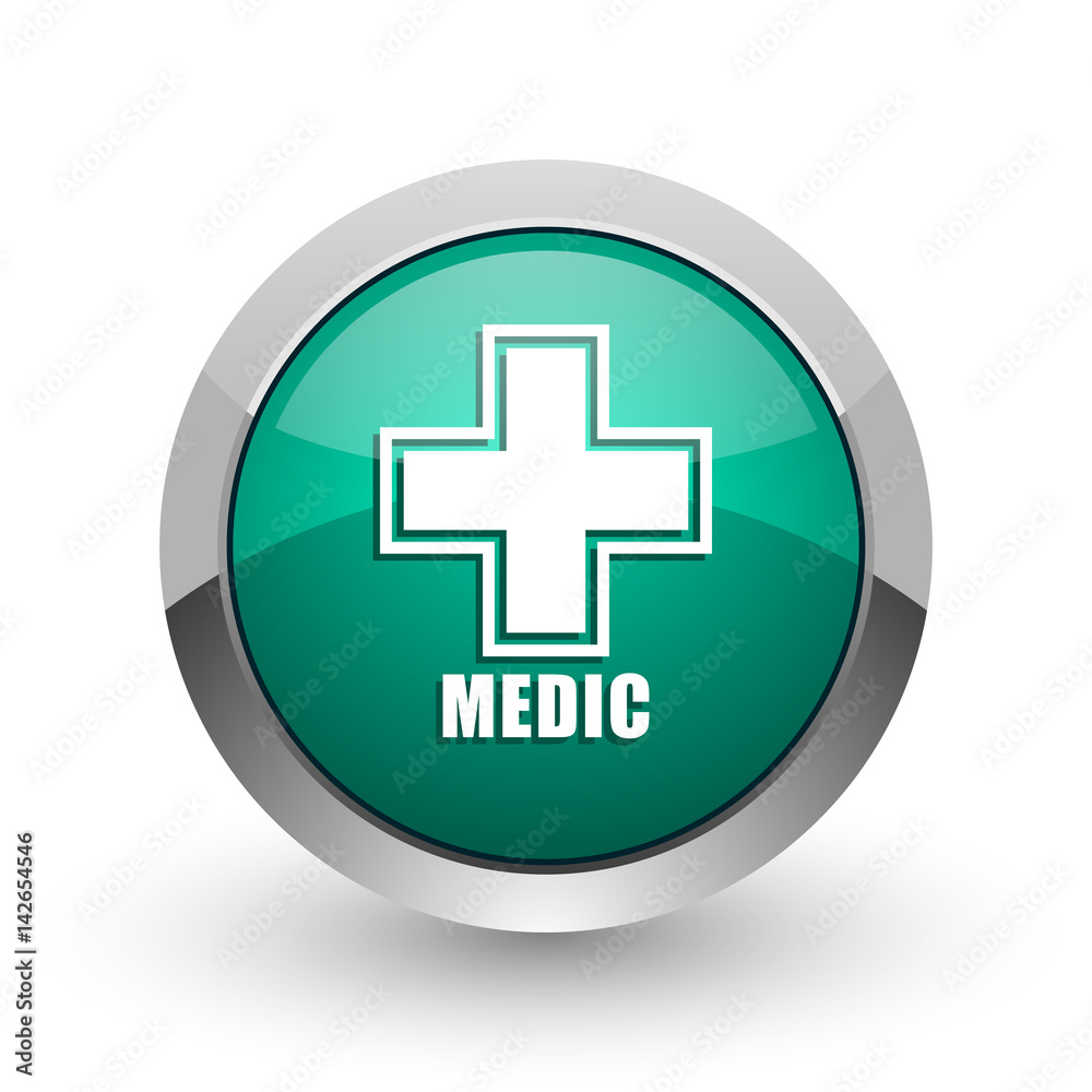 Obraz premium Medic silver metallic chrome web design green round internet icon with shadow on white background.