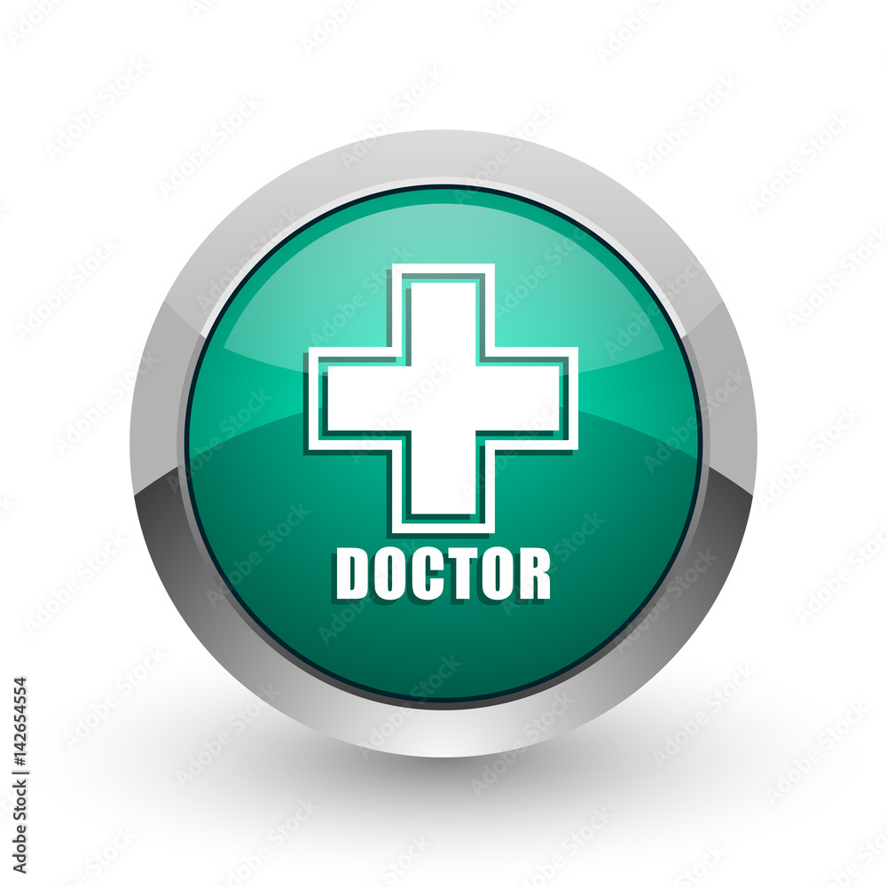 Obraz premium Doctor silver metallic chrome web design green round internet icon with shadow on white background.