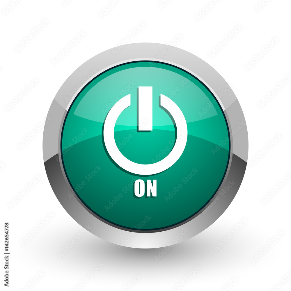 Power on silver metallic chrome web design green round internet icon with shadow on white background. Power on silver metallic chrome web design green round internet icon with shadow on white background.