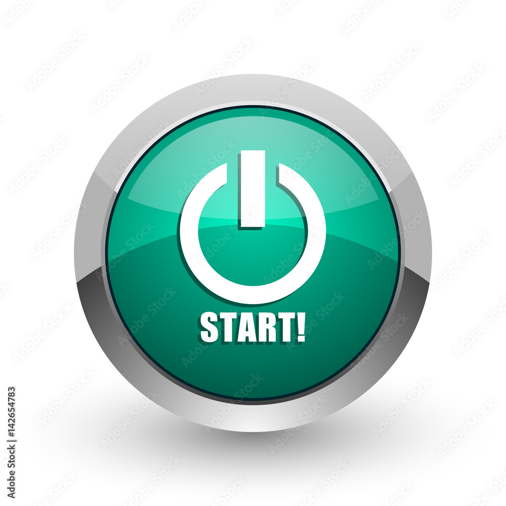 Start silver metallic chrome web design green round internet icon with shadow on white background. Start silver metallic chrome web design green round internet icon with shadow on white background.