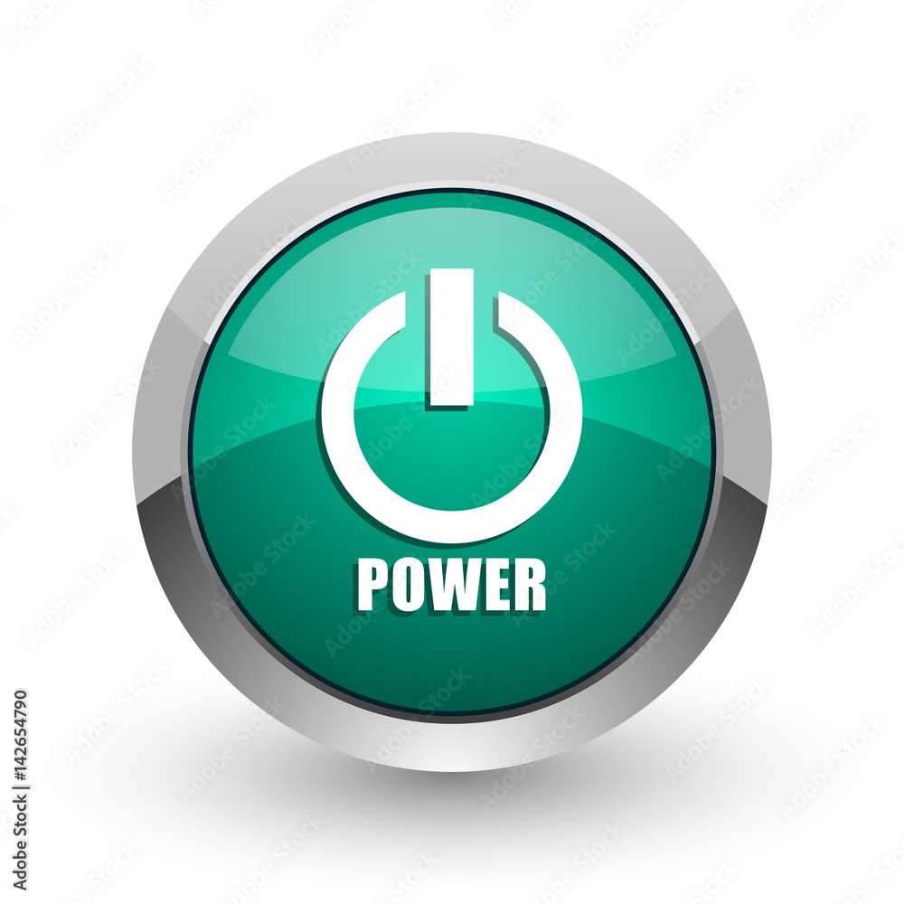 Power silver metallic chrome web design green round internet icon with shadow on white background. Power silver metallic chrome web design green round internet icon with shadow on white background.