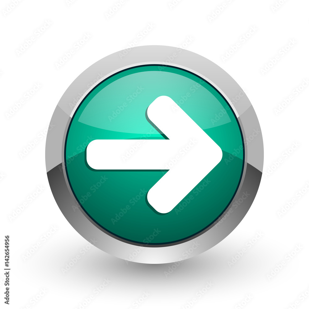 Right arrow silver metallic chrome web design green round internet icon with shadow on white background.