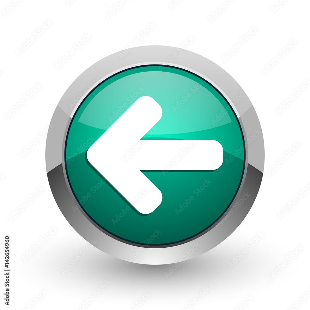 Left arrow silver metallic chrome web design green round internet icon with shadow on white background. Left arrow silver metallic chrome web design green round internet icon with shadow on white background.