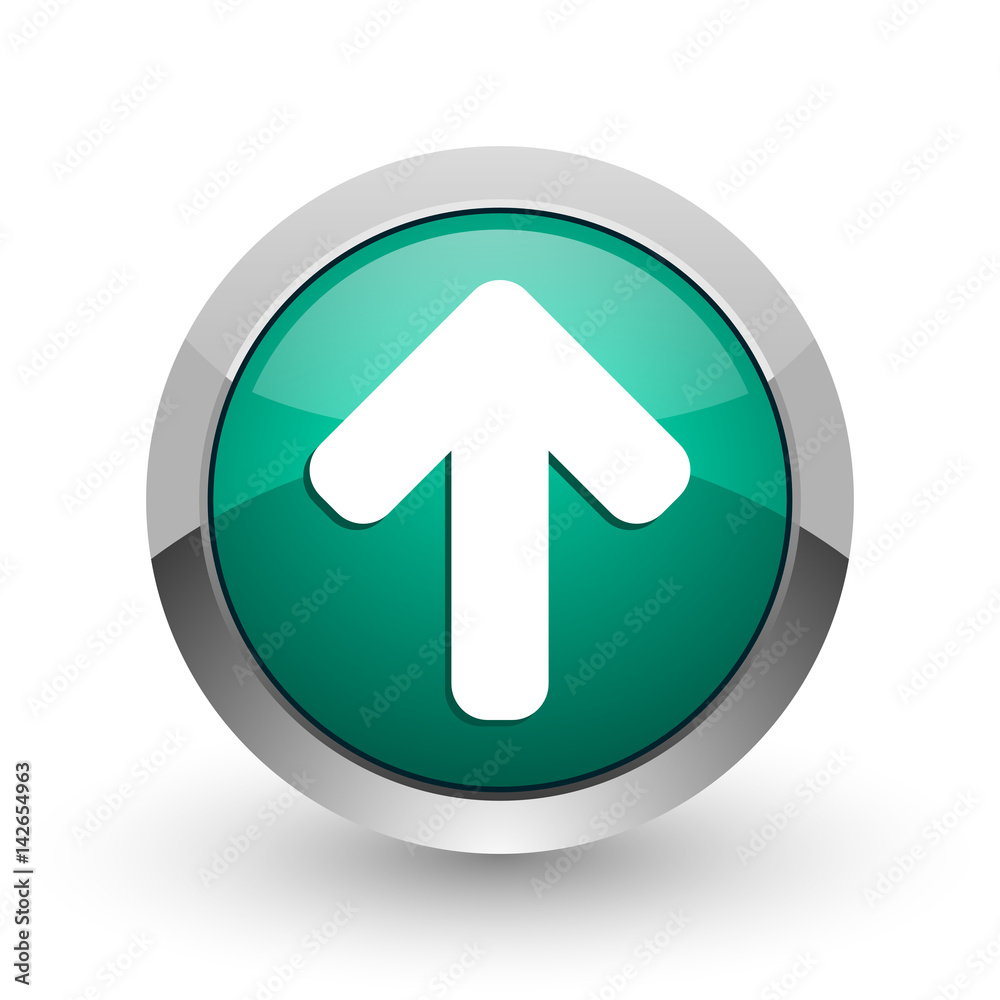 Up arrow silver metallic chrome web design green round internet icon with shadow on white background. Up arrow silver metallic chrome web design green round internet icon with shadow on white background.
