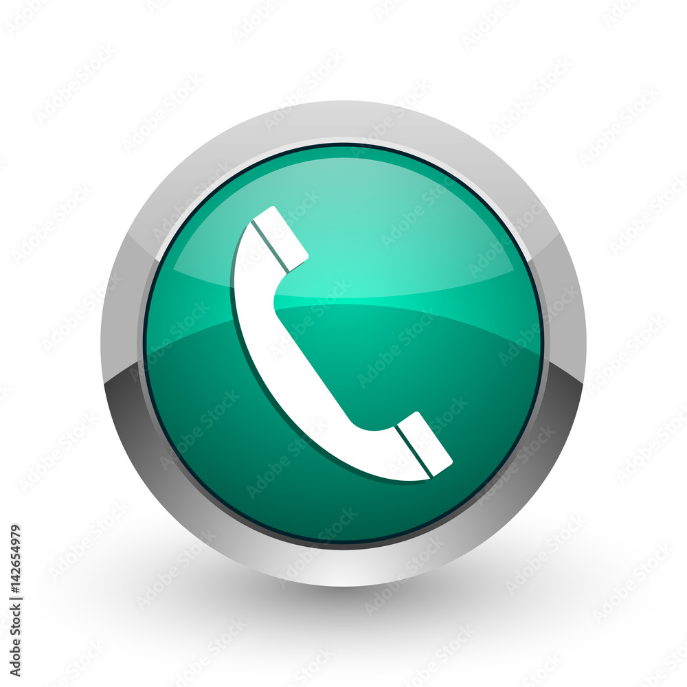 Phone silver metallic chrome web design green round internet icon with shadow on white background. Phone silver metallic chrome web design green round internet icon with shadow on white background.