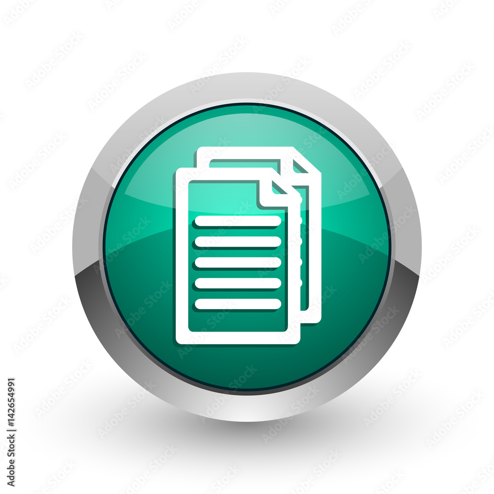 Document silver metallic chrome web design green round internet icon with shadow on white background. Document silver metallic chrome web design green round internet icon with shadow on white background.