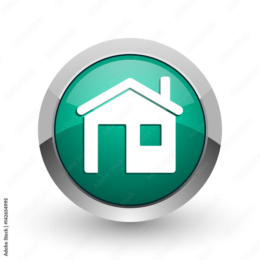 House silver metallic chrome web design green round internet icon with shadow on white background. House silver metallic chrome web design green round internet icon with shadow on white background.