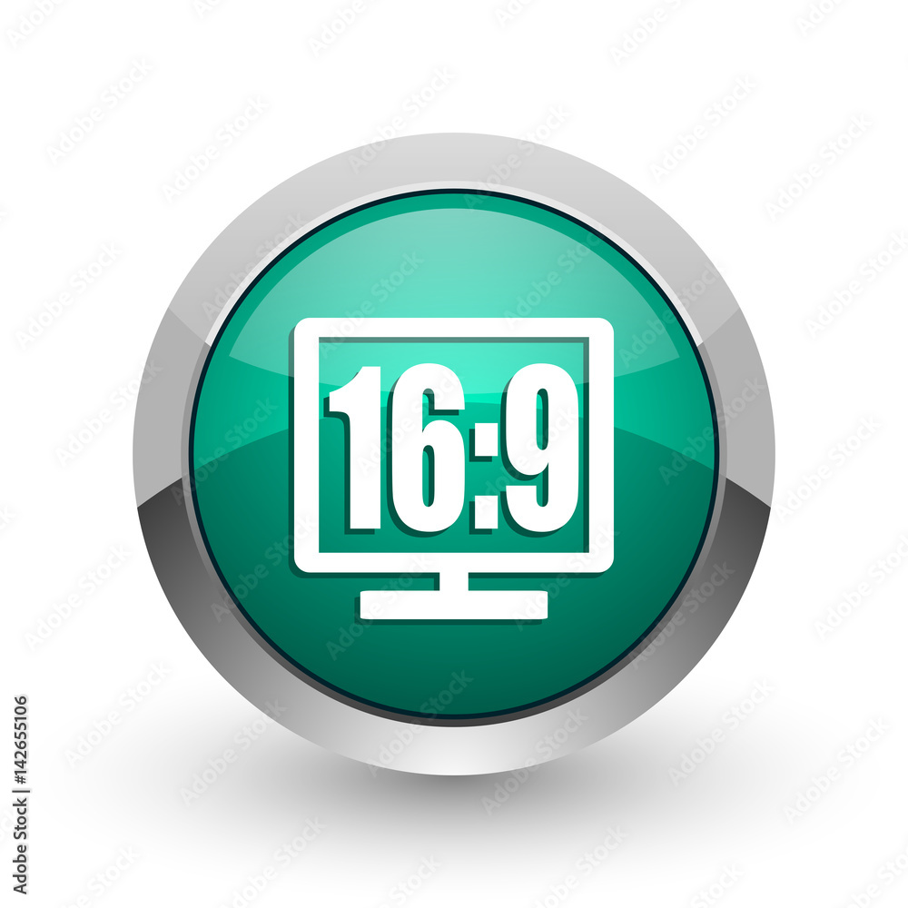16 9 display silver metallic chrome web design green round internet icon with shadow on white background. 16 9 display silver metallic chrome web design green round internet icon with shadow on white background.
