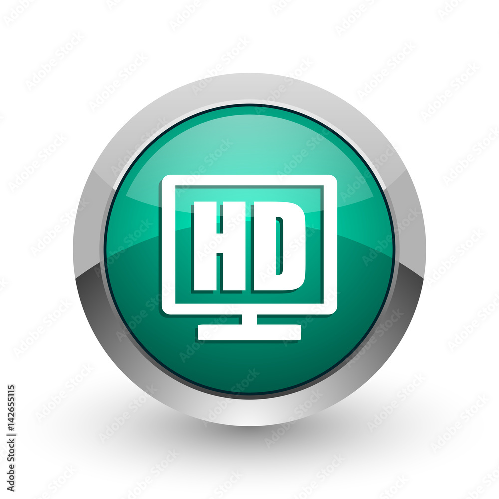 Hd display silver metallic chrome web design green round internet icon with shadow on white background. Hd display silver metallic chrome web design green round internet icon with shadow on white background.
