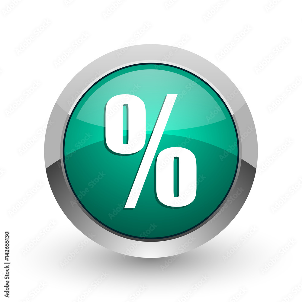 Percent silver metallic chrome web design green round internet icon with shadow on white background. Percent silver metallic chrome web design green round internet icon with shadow on white background.