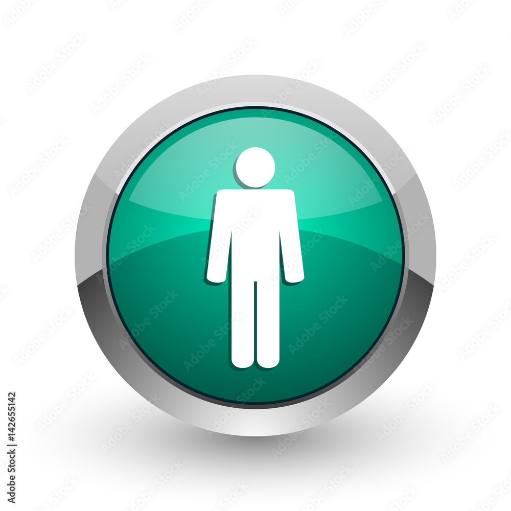 Male silver metallic chrome web design green round internet icon with shadow on white background. Male silver metallic chrome web design green round internet icon with shadow on white background.