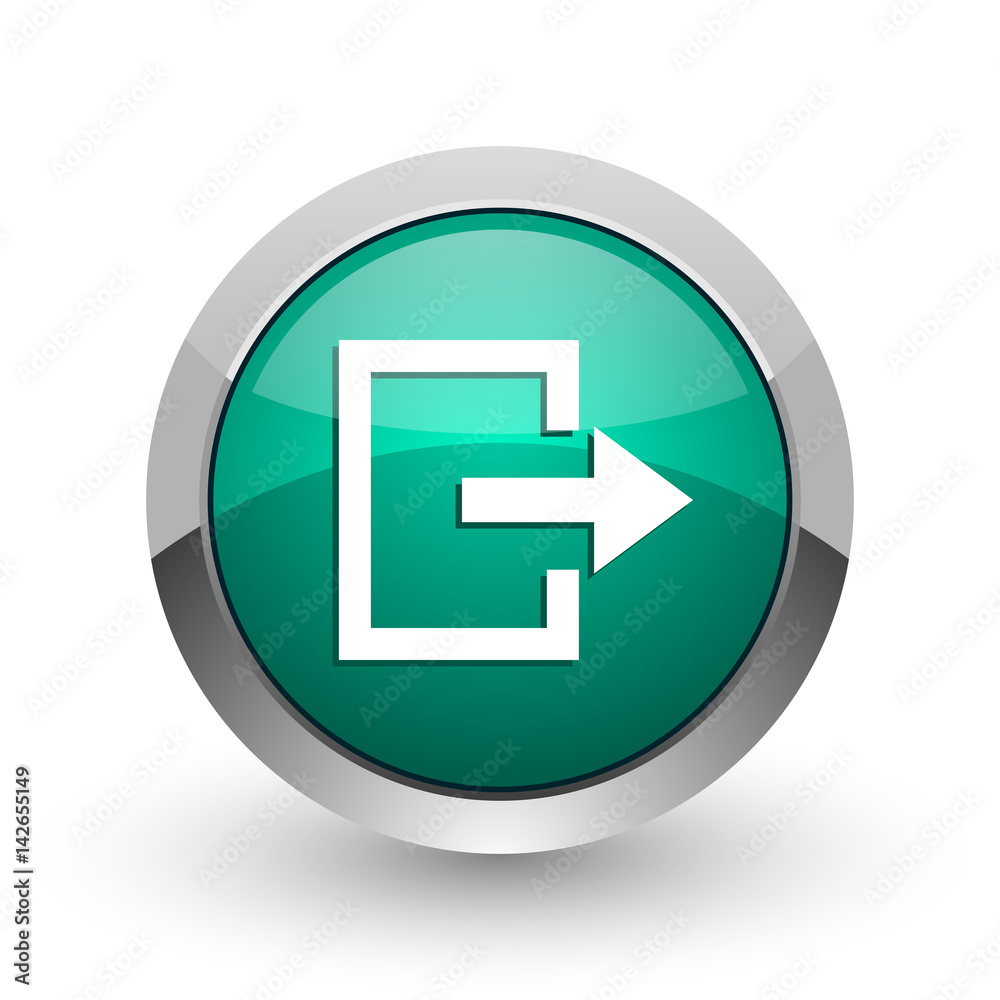 Exit silver metallic chrome web design green round internet icon with shadow on white background. Exit silver metallic chrome web design green round internet icon with shadow on white background.