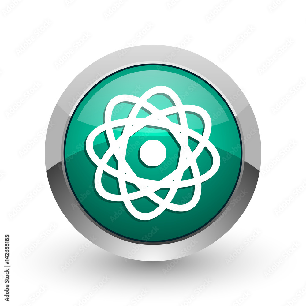 Atom silver metallic chrome web design green round internet icon with shadow on white background. Atom silver metallic chrome web design green round internet icon with shadow on white background.