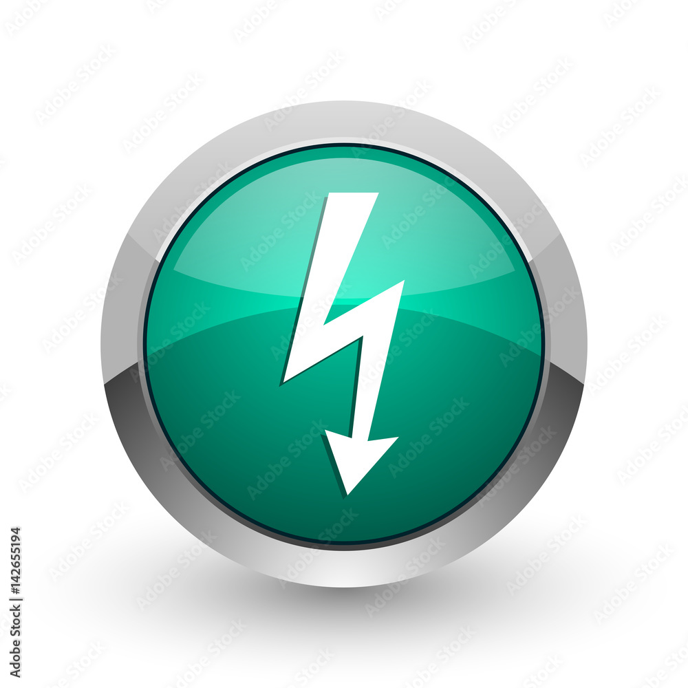 Bolt silver metallic chrome web design green round internet icon with shadow on white background. Bolt silver metallic chrome web design green round internet icon with shadow on white background.