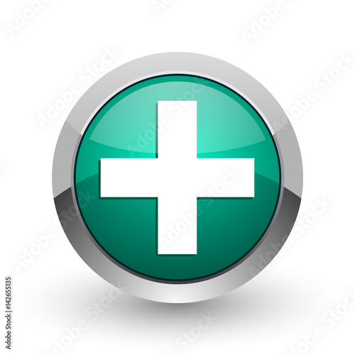 Plus silver metallic chrome web design green round internet icon with shadow on white background.